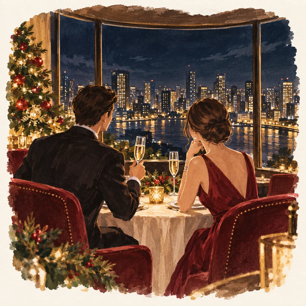 レストランの窓辺で、夜景を眺めるカップルのイラスト